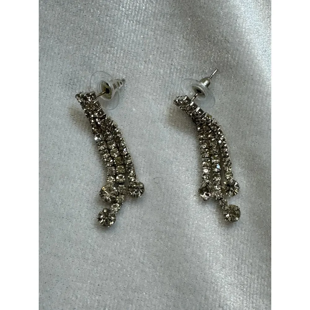 Vintage Clear Rhinestone Dangle Post Earrings Silver Tone Fringe 1.5
